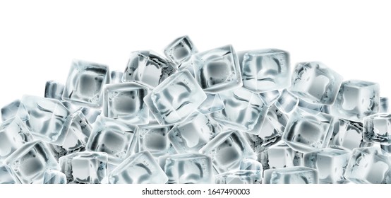 Many cubes of pure transparent ice on a white background. Highly detailed realistic illustration