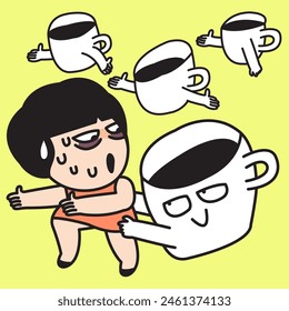 Many Cup Of Black Coffee Catching Up With The Scared Fatigued Young Woman Concept Card Character illustration