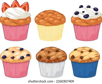 Muchas ilustraciones de la colección de cupcakes o muffins