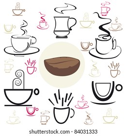So many cups of coffee and a large coffee bean in the center