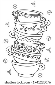Many cups of coffee and tea, on top of each other. Black and white vector for coloring, for card or gift. 