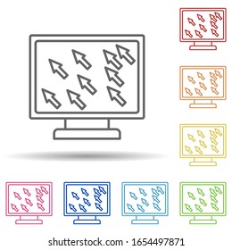 Muchos cursores en la línea de pantalla en un icono de estilo multicolor. Línea delgada simple, contorno vectorial de iconos antivirus para ui y ux, sitio web o aplicación móvil