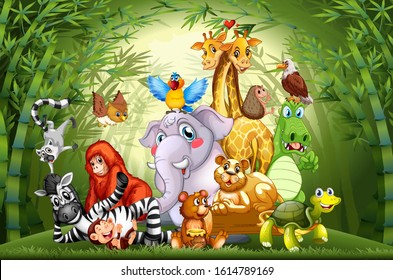 Many cute animals in bamboo forest illustration