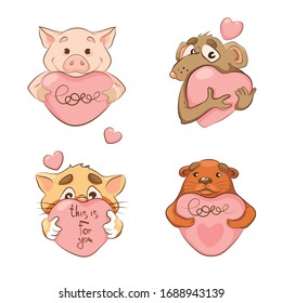 Many cute animals, a cat, a rat, a pig, an otter, hold a pink heart in their paws. Design element for stickers, cards, flyers, greetings.