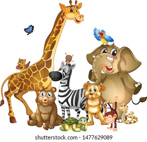 Many cute animals on white background illustration