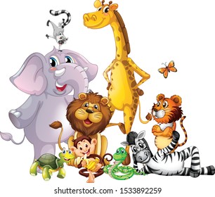 Many cute animals on white background illustration