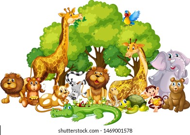 Many cute animals in the park illustration