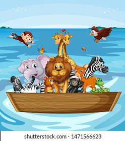 Many cute animals rowing boat illustration