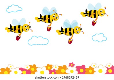 Many cute bees fly with honey over flowers. Happy bees and one sad without honey. Smiling cartoon character bee. Vector illustration on white background.