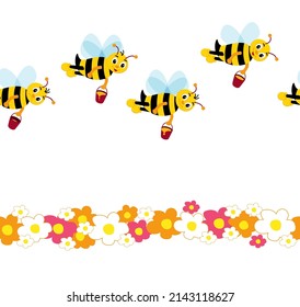 Many cute bees fly with honey over flowers. Vector Seamless pattern. Happy bees and one sad without honey. Smiling cartoon character bee. 