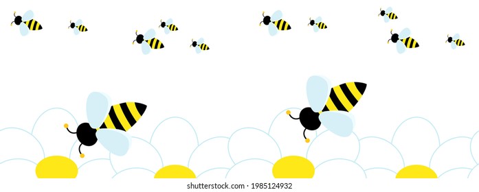 Many cute bees they fly to collect pollen from the flower. Vector Seamless pattern in white. Abstract  cartoon bee and chamomile. 
