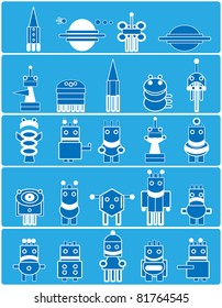 Many cute blue robots with planets and spaceship. Cartoon.