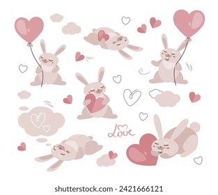 Many cute bunnies with heart icons vector set. Valentine's Day celebration. Lovely rabbits. Cartoon style sleepy animals signs. Decorative elements for festive card design, advertising layout, print