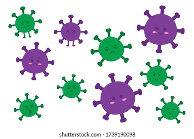 Viele süße Cartoon von Coronavirus auf weißem Hintergrund. Viele isolieren emotionale Viren. Konzept von COVID-19.Bacteria.