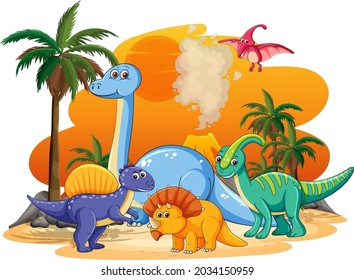 Many cute dinosaurs character in prehistoric land isolated illustration