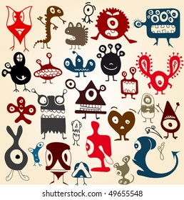 Many cute doodle monsters set