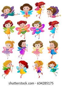 Many cute fairies with colorful wings illustration