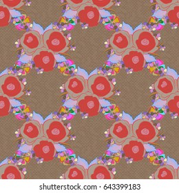 Many cute flowers in ditsy style. Vector flowers seamless pattern in pink and beige colors.
