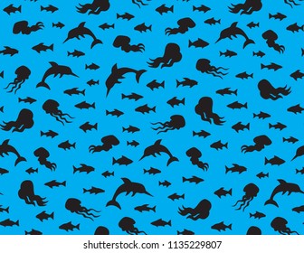 Many cute funny exotic undersea fin leg squid monsters isolated on deep aqua tracery. Dark navy ink hand drawn danger sealife logo sign icon symbol sketch in art retro contour engraved print style