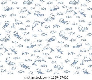 Many cute funny exotic undersea fin leg squid monsters isolated on deep aqua tracery. Freehand line blue ink hand drawn danger sealife logo sign icon symbol sketch in art retro doodle style on paper