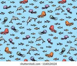 Many cute funny exotic undersea fin leg squid monsters isolated on deep aqua tracery. Bright navy color hand drawn danger sealife sign icon symbol sketch in art retro doodle comic style on paper fond