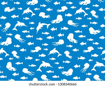Many cute funny exotic undersea fin leg squid monsters isolated on deep aqua tracery. Dark navy ink hand drawn danger sealife logo sign icon symbol sketch in art retro contour engraved print style