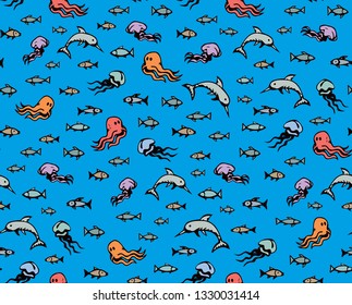 Many cute funny exotic undersea fin leg squid monsters isolated on deep aqua tracery. Bright navy color hand drawn danger sealife sign icon symbol sketch in art retro doodle comic style on paper fond