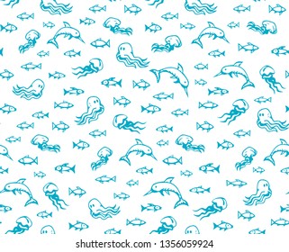 Many cute funny exotic undersea fin leg squid monsters isolated on deep aqua tracery. Freehand line blue ink hand drawn danger sealife logo sign icon symbol sketch in art retro doodle style on paper