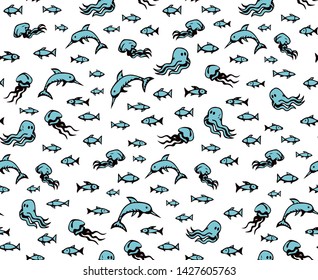 Many cute funny exotic undersea fin leg squid monsters isolated on deep aqua tracery. Freehand line blue ink hand drawn danger sealife logo sign icon symbol sketch in art retro doodle style on paper
