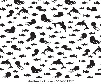 Many cute funny exotic undersea fin leg squid monsters isolated on deep aqua tracery. Dark black ink hand drawn danger sealife logo sign icon symbol sketch in art retro contour engraved print style