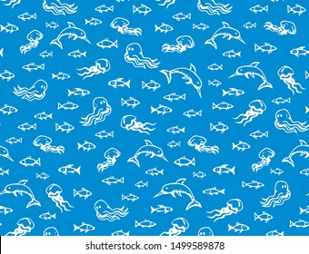 Many cute funny exotic undersea fin leg squid monsters isolated on deep aqua tracery. Freehand line navy ink hand drawn danger sealife logo sign icon symbol sketch in art retro doodle style on paper