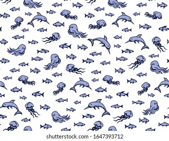 Many cute funny exotic undersea fin leg squid monsters isolated on deep aqua tracery. Freehand line blue ink hand drawn danger sealife logo sign icon symbol sketch in art retro doodle style on paper