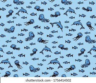 Many cute funny exotic undersea fin leg squid monsters isolated on deep aqua tracery. Bright navy color hand drawn danger sealife sign icon symbol sketch in art retro doodle comic style on paper fond
