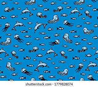 Many cute funny exotic undersea fin leg squid monsters isolated on deep aqua tracery. Bright navy color hand drawn danger sealife sign icon symbol sketch in art retro doodle comic style on paper fond