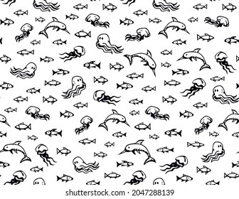 Many cute funny exotic undersea fin leg squid monsters isolated on deep aqua tracery. Freehand line black ink hand drawn danger sealife logo sign icon symbol sketch in art retro doodle style on paper