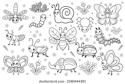 Many cute insects and bugs. It includes butterflies, bees, a snail, a ladybug, a grasshopper, a spider, a caterpillar, an ant, and flowers around them