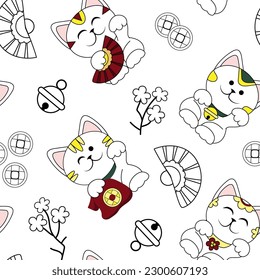 Many cute maneki neko (beckoning cats), fans, coins and flowers 