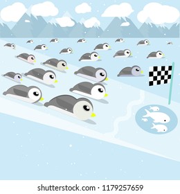 Many cute penguin slide , Competition slide for fish The back is a snow mountain And the falling snow.