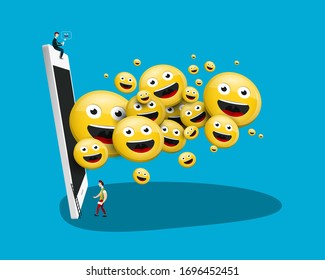 Many Cute Smiling Faces Coming Out of Mobile Phone Screen with People on Blue Background