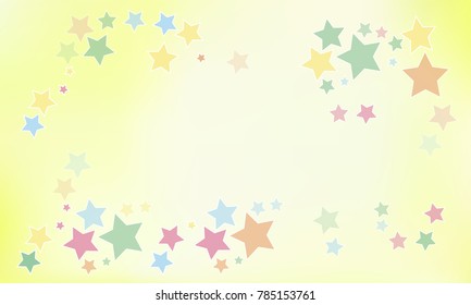Many Cute and Stylish Blue, Orange, Pink, Violet and Yellow Stars of Different Opacity and Shape with Empty Space in the Middle of the Image on Light Yellow and White Gradient Background