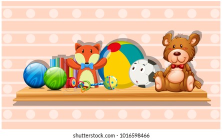 Many cute toys on wooden board illustration