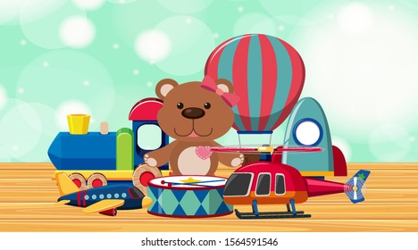 Many cute toys on wooden floor illustration