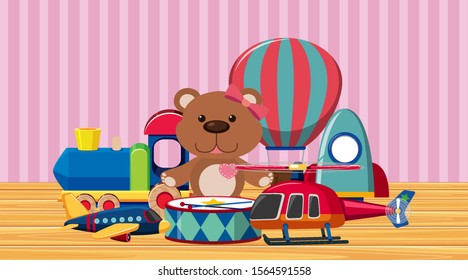 Many cute toys on wooden floor illustration