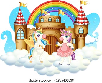 Many cute unicorns cartoon character with castle on the cloud illustration