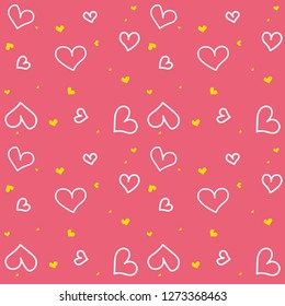 Many cute white and yellow hearts on pink background, seamless pattern. Love or Valentines'a day concept.