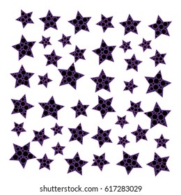 Many Dark Violet Stars of Various Size with Bubbles Inside on White Background