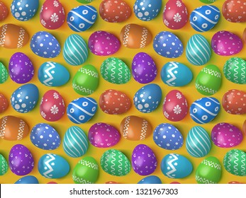 Many decorated Easter eggs 2019 as background. Seamless pattern for advertising, greeting cards and gift wrap. Colorful Easter eggs in 3d realistic style top view. Holiday background. Vector image