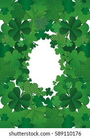 Many decorative clover. A pile of multicolored trelistnikov are on the table.St.Patrick 's Day. Vector illustration. Greeting card with empty space for text or advertising. On a white background