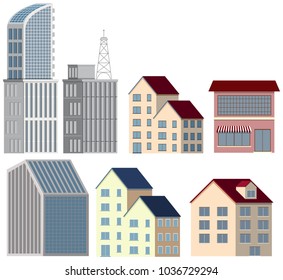 Muchos diseños de edificios en la ilustración de fondo blanco