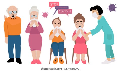 Many different ages im clinic. Quarantine, stop coronavirus epidemic design concept. Vector illustration